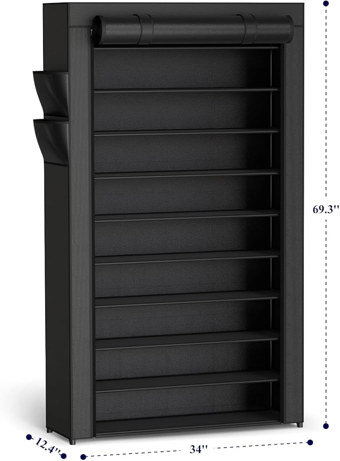 Kitsure Shoe Rack - 10-Tier Large Capacity Shoe Organizer Shelf with Dust Cover & Side Pockets, Rust-Proof Metal Shoe Rack fo