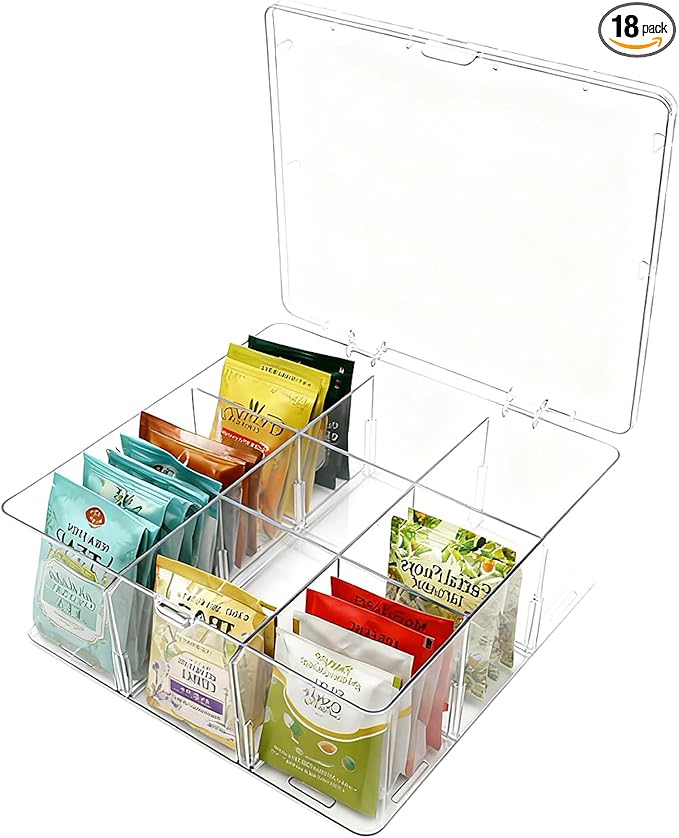 Acrylic Tea Bag Organizer with Lid, 9-Grid Clear Storage Box with Removable Dividers, Plastic Drawer Organizer for Tea Bags, 