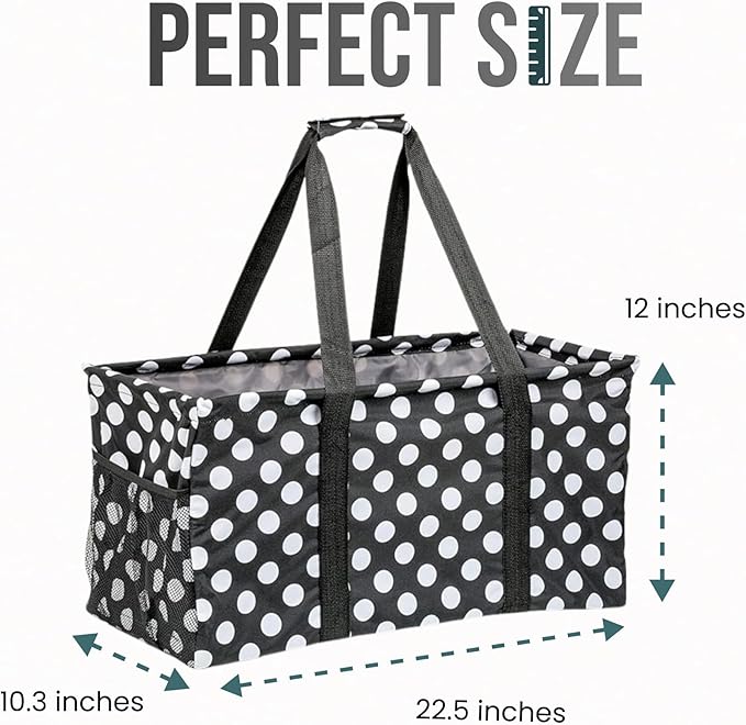 Extra Large Utility Tote Bag - Oversized Collapsible Reusable Wire Frame Rectangular Canvas Basket With Two Exterior Pockets For Beach, Pool, Laundry, Car Trunk, Storage - White Polka Dot