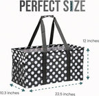 Extra Large Utility Tote Bag - Oversized Collapsible Reusable Wire Frame Rectangular Canvas Basket With Two Exterior Pockets For Beach, Pool, Laundry, Car Trunk, Storage - White Polka Dot