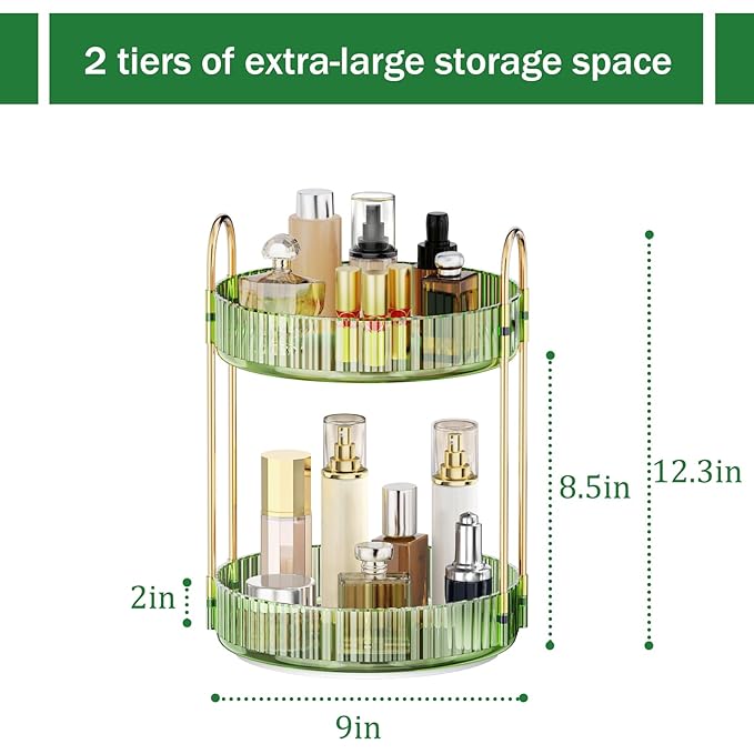 MOKANI 360 Rotating Makeup Organizer for Vanity, 2 Tier Adjustable Perfume Organizer for Dresser, Multi-Function Spinning Cos