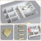 Kendal Jewelry Box, 5-Layer Jewelry Organizer Box with Glass Lid, Gray, Heart Shaped PU Leather, Storage Box for Necklace Ear