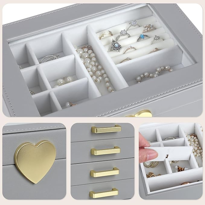 Kendal Jewelry Box, 5-Layer Jewelry Organizer Box with Glass Lid, Gray, Heart Shaped PU Leather, Storage Box for Necklace Ear