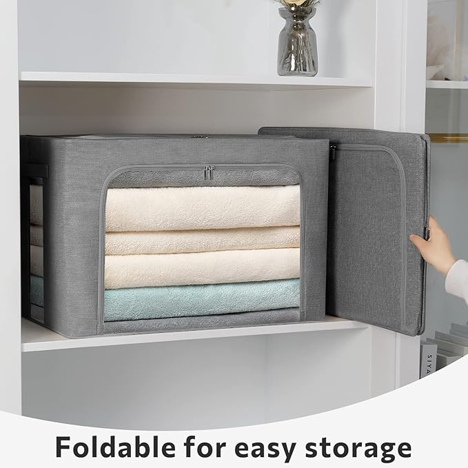 FHSQX 2 Pack Clear Window Storage Bins Foldable Fabric Storage Bins Boxes for Clothes Stackable Box Organizer Set with Carryi