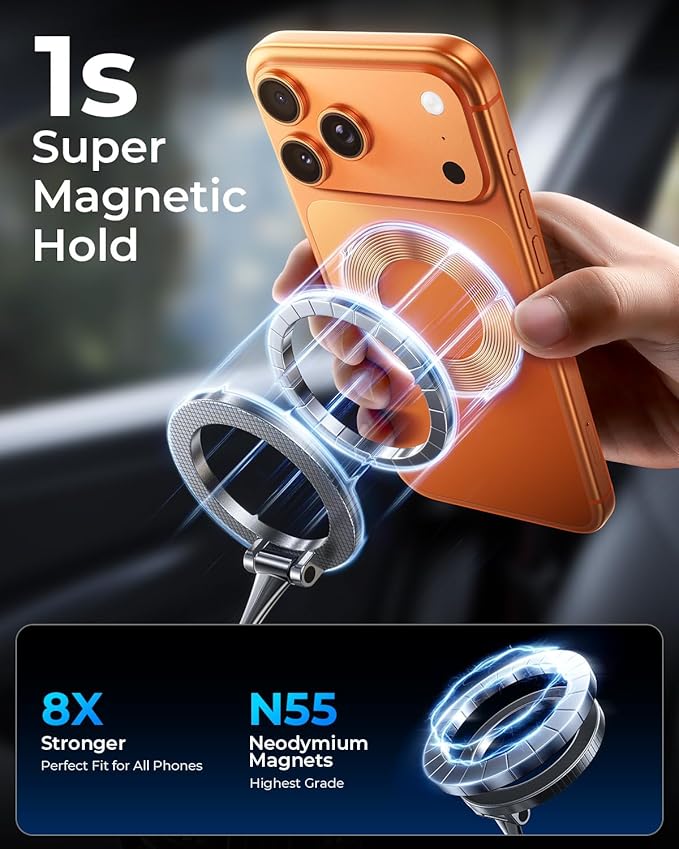 2026 Ultimate Vacuum Magnetic Car Phone Holder – 109+ LBS Super Strong Suction & 2800+ GF Magnetic Grip, 360° Rotation Dashboard/Windshield/Mirror Mount for iPhone 12–17&Samsung, Quick Lock, Black