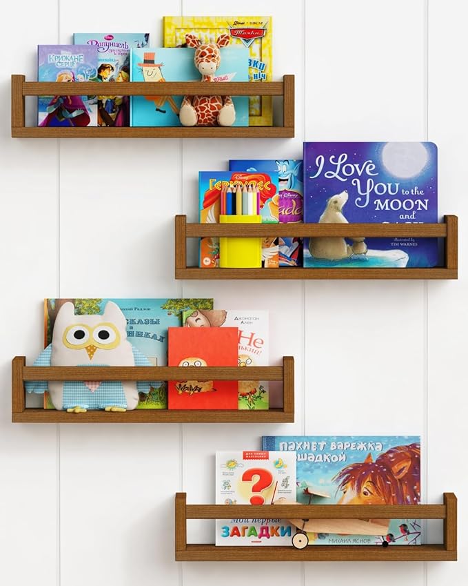 Forbena Walnut Brown Nursery Bookshelf Wall Mounted, Wooden Floating Book Shelves for Wall, Nursery Hanging Bookshelves for B