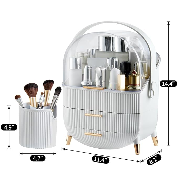 CANITORON Makeup Organizer,Skincare Organizer with 2 Drawers and Brush Storage Box,Cosmetic Display Case for Vanity Organizer
