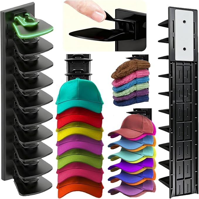 2Pack Upgraded Contour Fit Lock Hat Organizer for Baseball Cap,Hat Rack Strong Adhesive Hat Hangers for Wall Hold Up to 20 Ha