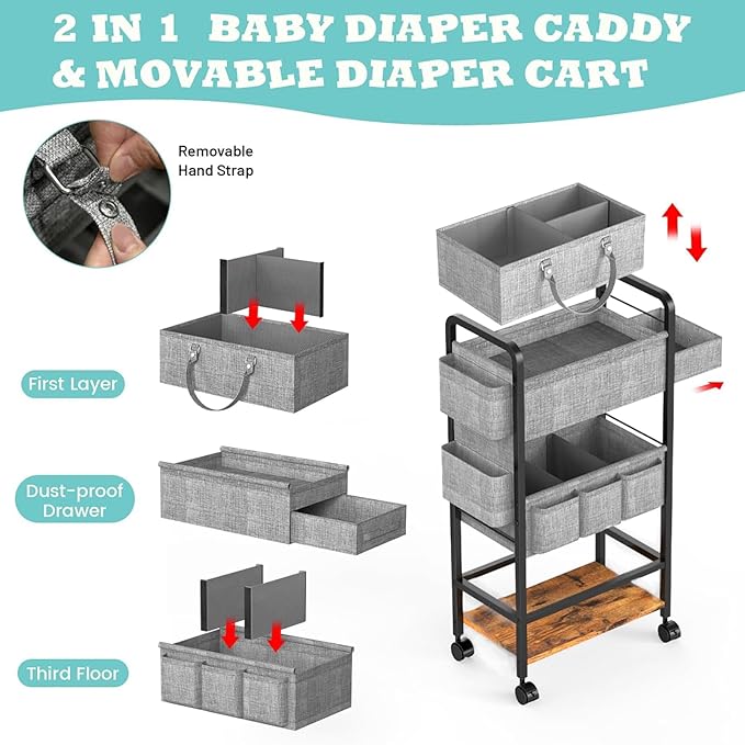 LIDTOP 2In1 Baby Diaper Caddy & 4-Tier Rolling Diaper Cart, Diaper Caddy Organizer Cart with Dividers & Drawer, Mobile Metal 