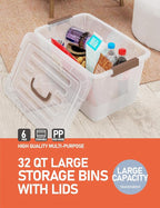 WYT 32 Qt Plastic Clear Storage Bin with Durable Lids and Latching Buckle, 6-Pack Tote Organizing Box Stackable and Nestable