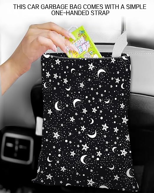 Car Trash Can, Durable Hanging Car Trash Garbage Bag, Cute Automotive Garbage Cans Organizer, Black White Moon Star