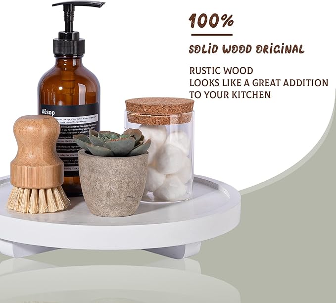 Round Decorative Tray Wood Bathroom Counter Organizer Farmhouse Kitchen Decor Wooden Riser for Soap Dish, Perfume, Candle, Sp