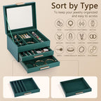3-Layer Jewelry Box for Women, Jewelry Organizer with Glass Lid and Drawers, Jewelry Organizers and Storage for Necklaces, Ri