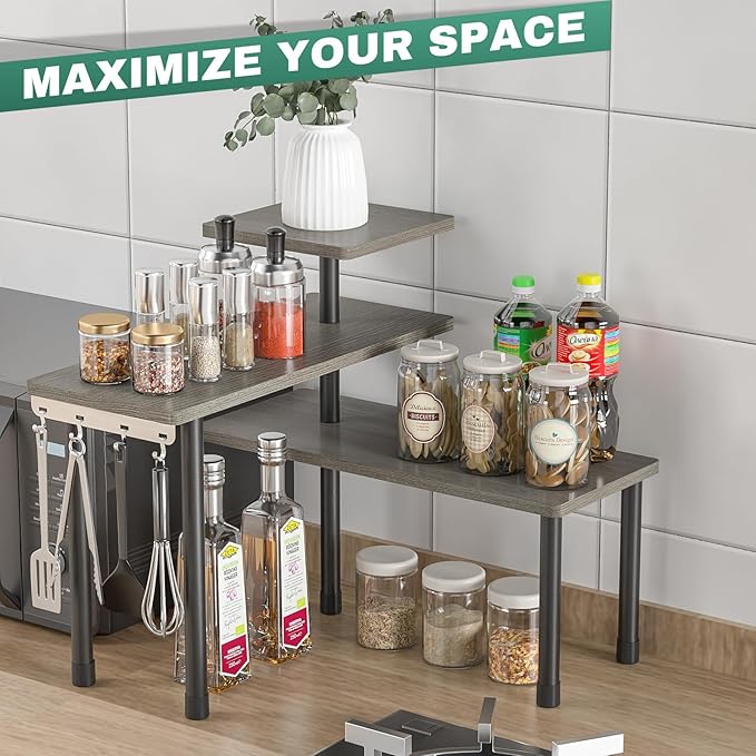 ZHWS Kitchen Countertop Organizer, Bathroom Counter Organizer, Adjustable 3 Tier Corner Shelf with 4 Metal Hooks for Counter 