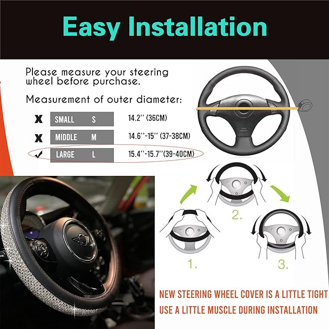 PINCTROT Large Size Bling Comfy Steering Wheel Cover with Jumbo Crystal Rhinestones, Anti-Slip Diamond Leather, 15.5-15.75 Inch (Silver)