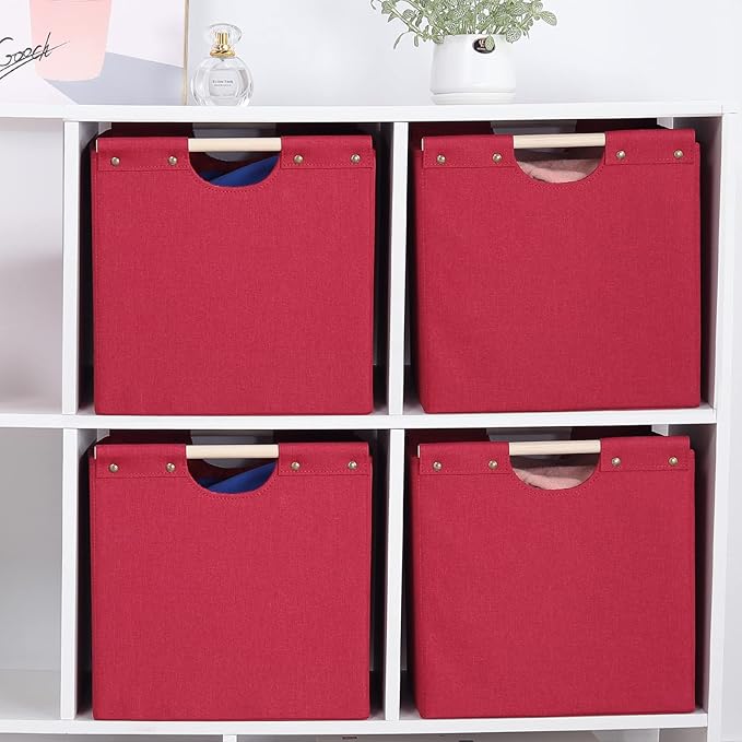 HOONEX Large Collapsible Storage Bins, Linen Fabric, Pack of 2, Storage Baskets with Wooden Carry Handles and Sturdy Heavy Ca