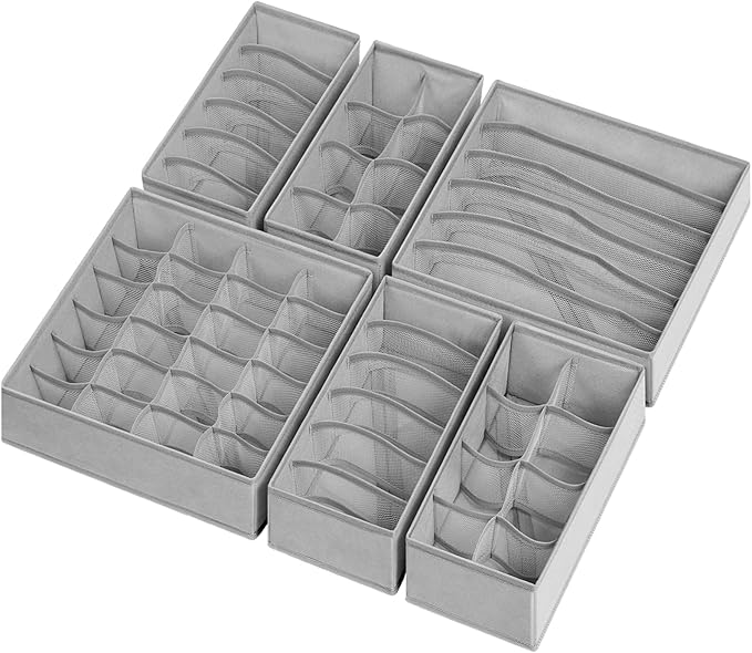 Criusia 6 Pack Sock Underwear Drawer Organizer Dividers, 58 Cell Foldable Fabric Dresser Closet Organizers and Storage Bins f