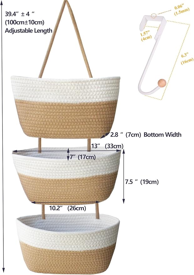 Over the Door Hanging Basket for Organizing 3 Tiers Woven Cotton Rope Wall Mount Storage basket Decorative Kitchen Hanging Or