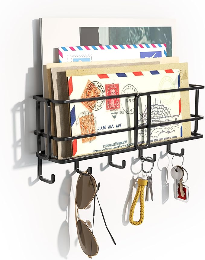SRIWATANA Key Holder for Wall, Mail Organizer Wall Mount with Metal Storage Basket, Key Holder with 5 Hooks for Entryway, Off