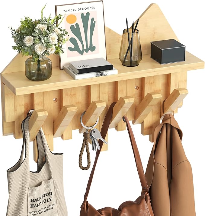 HOOBRO Wall Hooks with Shelf, Coat Rack with Shelf Wall-Mounted, Entryway Wall Key Holder, Hat Rack for Walls, Purse Hanger f
