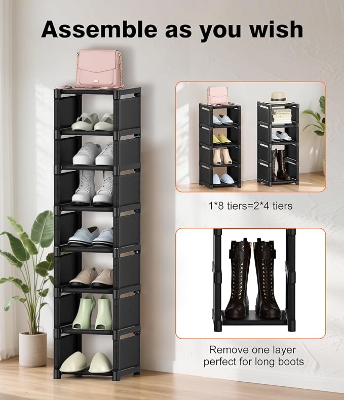 Narrow Shoe Rack 8 Tier, Slim Vertical Shoe Organizer for Small Spaces, Stackable Shoe Storage Shelf with Metal Frame & Fabri