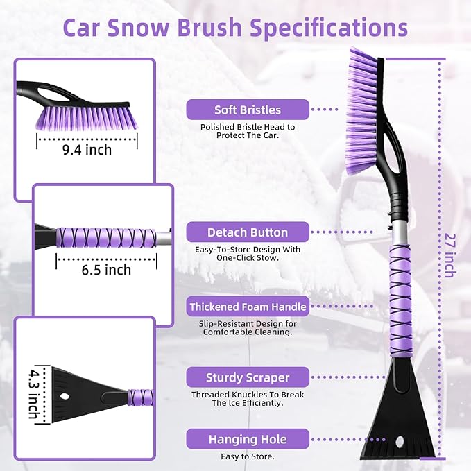 27” Snow Brush and Detachable Ice Scraper for Car Windshield, Car Snow Scraper and Brush Set, Ergonomic Foam Grip,Suitable for Cars SUVs and Trucks Vehicle(Aluminum Structure, PVC Brush, Purple 2 PC)