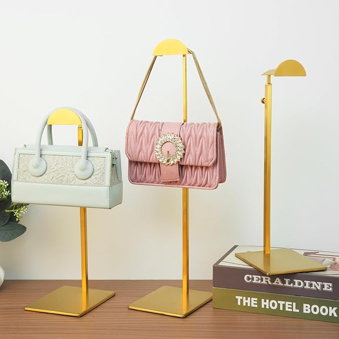 Purse Display Stand 3PCS Gold Handbag Stands for Bag Organizer Stainless Steel Hanging Hook Stands Adjustable Height Home Sto