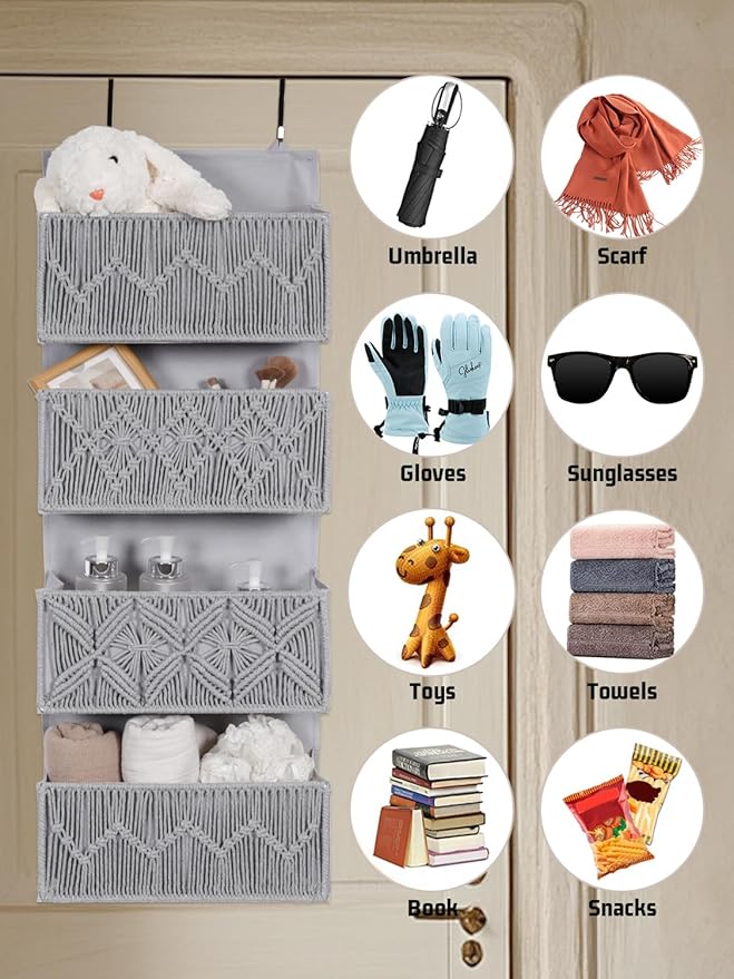 Macrame Over the Door Organizer Boho Decor Nursery Storage, Leaf Weaving Closet Storage, 4 Hanging Pockets, Behind Door for B