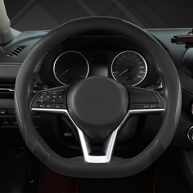 West Llama Flat Bottom Car Steering Wheel Cover for Nissan,D Shaped Steering Wheel Cover for Rogue,Altima,Kicks (Black-Standa
