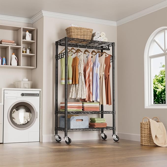 Heavy Duty Clothes Rack Rolling Garment Rack,3 Tier Adjustable Wire Shelving Clothing Racks for Hanging Clothes with Hanger R