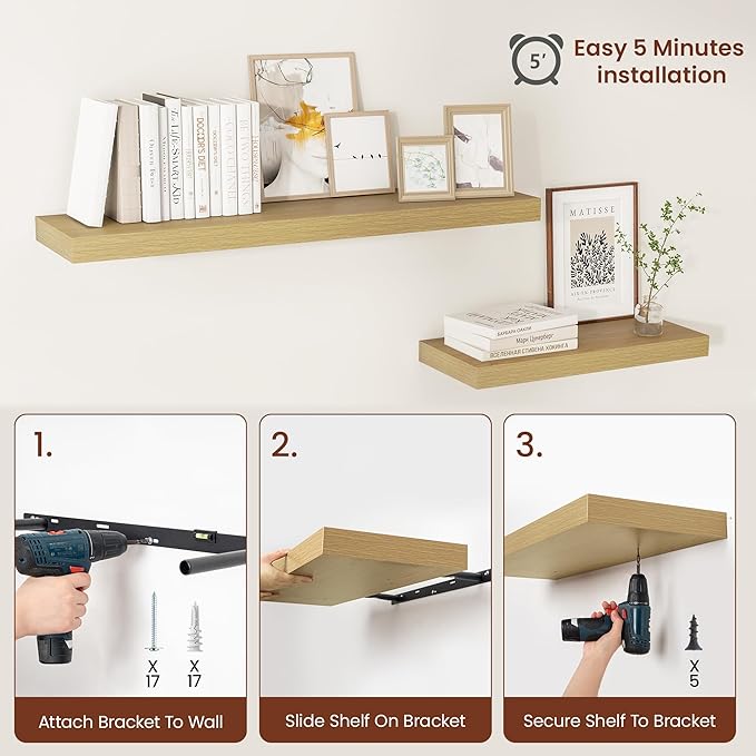 Vivelove 12 Inch Deep Floating Shelves 16 inch Long, 2 Inch Thick Wall Shelves with Invisible Brackets, Shelf for Bedroom Bat