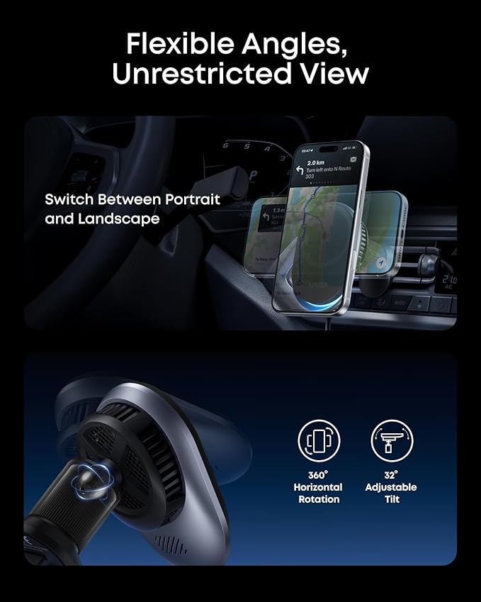 Anker Prime MagSafe Car Mount Charger, Qi2 25W Certified Wireless Car Charger with TEC Cooling, Strong Magnets, Air Vent Mount for iPhone 17-12 Series (Check Vent Compatibility, Includes 60W Adapter)