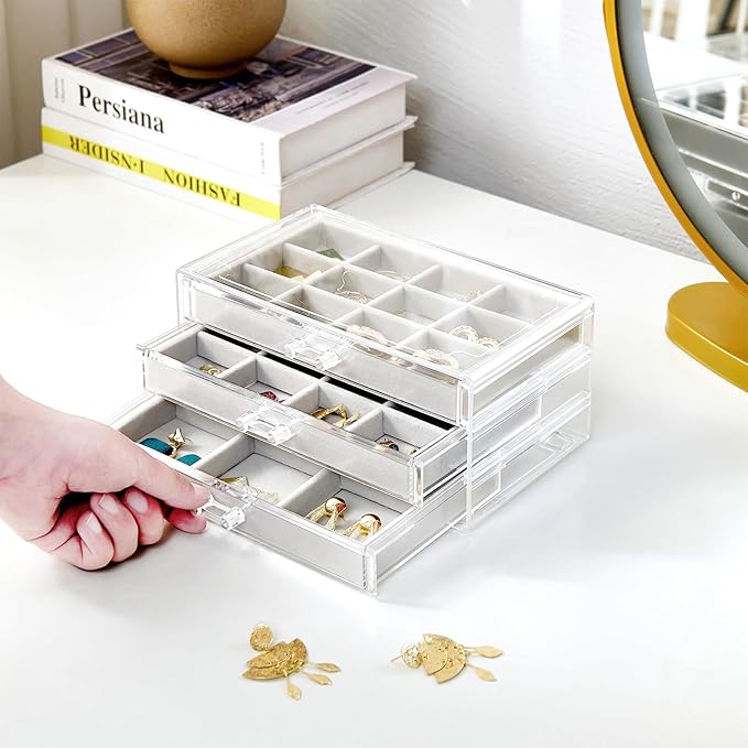 ProCase Earring Holder Organizer Jewelry Box with 3 Drawers, Acrylic Clear Earring Case with Adjustable Velvet Trays for Wome