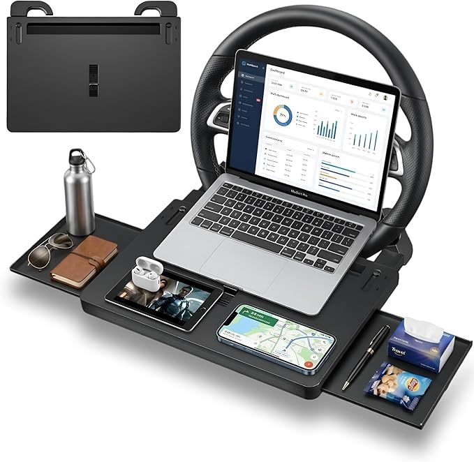 2-in-1 Extendable Steering Wheel Tray with Drawer Anti Slip Protective Adhesive - Adjustable Steering Wheel Desk for Laptop, Eating, Work and Writing - Fits Most Large SUVs,Trucks & Vans