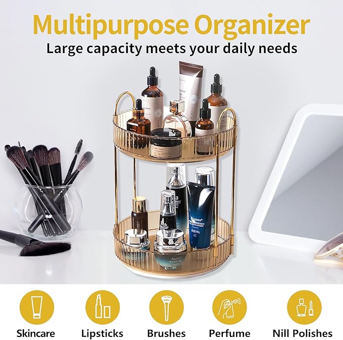 Asayuee 360 Rotating Gold Makeup Organizer,2 Tier Large Capacity Rotating Makeup Organizer,SkincarePerfume Organizer,Bathroom