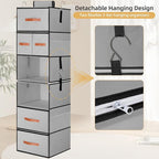 Hanging Closet Organizer 6-Shelf, Upgrade Hanging Shelves for Closet with 5 Removable Drawers & Side Pockets, Hanging Shelf O