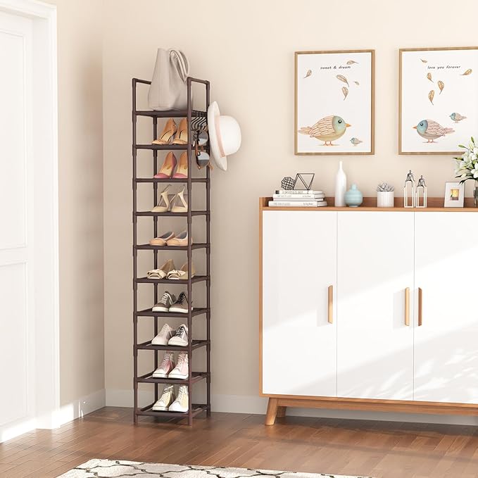 LANTEFUL Tall Shoe Rack 10-Tier Narrow Shoe Shelf Storage for 10-15 Pairs Shoe and Boot, Sturdy Shoe Storage Space Saving Cor