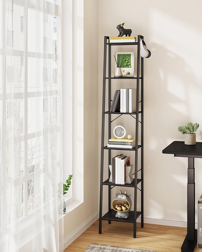 Hzuaneri Ladder Shelf, Bookshelf Bookcase, Freestanding Corner Storage Shelve with 2 Hooks for Home Office, Living Room, Kitc
