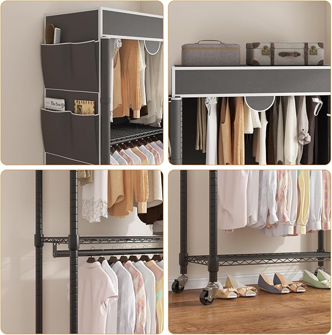 Homdox Garment Rack with Cover, Heavy Duty Clothing Rack for Hanging Clothes, Portable Closet Wardrobe, Double Rods Garment R
