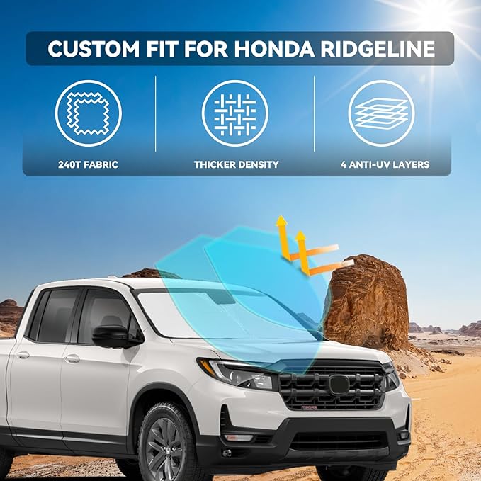 for Honda Ridgeline 2017-2025 2026 Windshield Sun Shade - 4 Layers Car Sunshades for Front Windows Shade Cover Custom Fit Ridgeline Sun Visor 250T Retractable Shade Blocks UV Rays Car Accessories