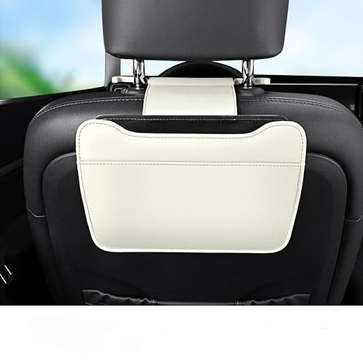 Car Leather Trash Can for Headrest, Hanging Garbage Bin, Waterproof Foldable Stroage Organizer for Car, Multipurpose Interior Accessories for SUV Truck RV Camping (White Seat headrest)