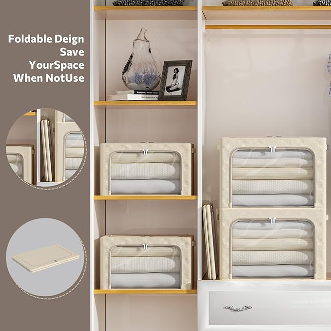 CYhom 4 Pack Clothes Storage Bins - Oxford Fabric Metal Frame Storage Box - Foldable Stackable Container Organizer Set with C