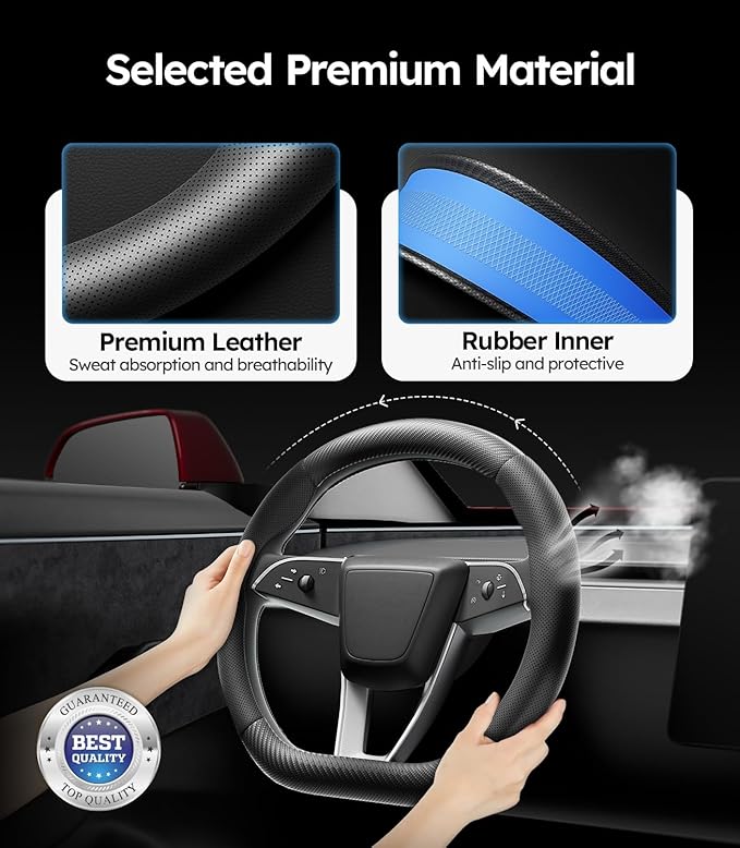 Wigoo Steering Wheel Cover for New Model Y Juniper & Model 3[Ultra-Thin, Breathable Leather] Model 3 (2024~2026)/New Model Y Juniper Accessories, for Men and Women, D Type, 14.5''-15''