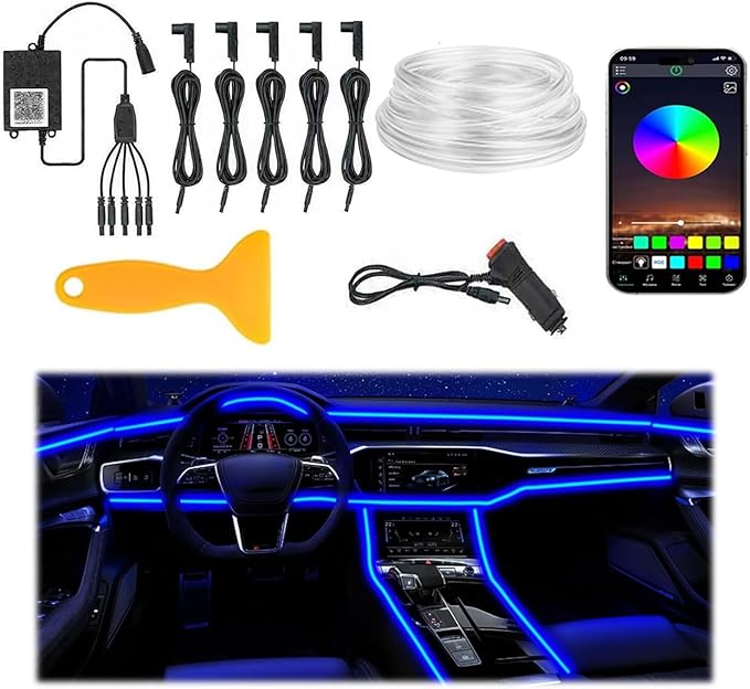 Interior Car LED Strip Lights, with APP Control, 5-in-1 RGB Ambient Lighting Kit, 236in Fiber Optic Glow, 16 Million Colors, Music Sync, Night Driving, Party Ambiance & Gift for Car Lovers