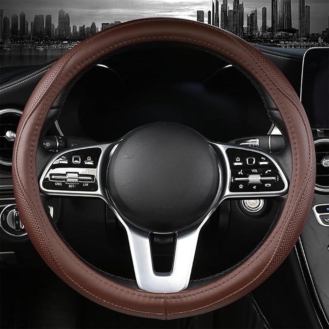 Cowhide Steering Wheel Cover Heat Resistant Anti-Slip Car Wheel Wrap Compatible with Most Makes and Models of Cars and Trucks with 14.5 to 15 Inch Steering Wheel(Brown)