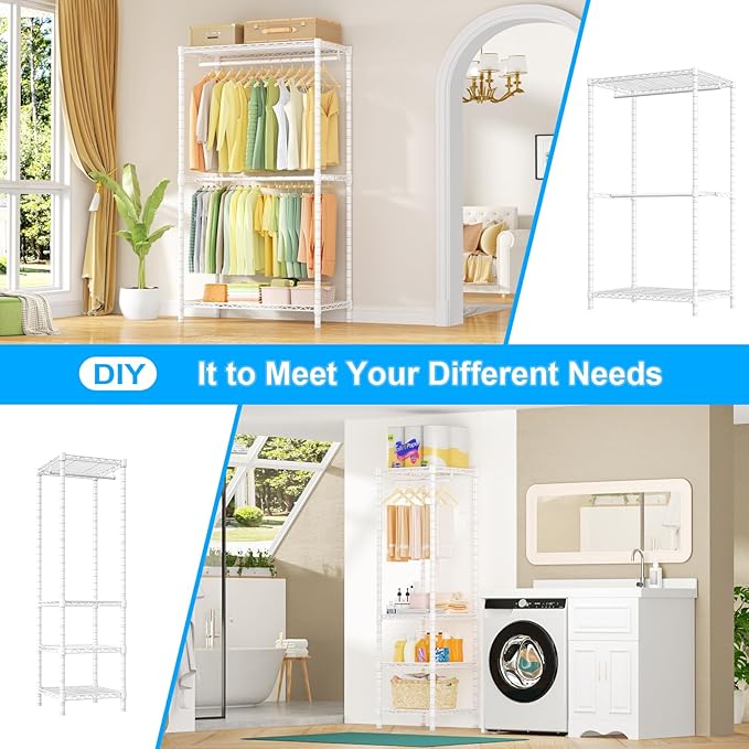 Ulif E10 Clothes Rack（With Stretchable Hanger Rod）Freestanding Clothing Racks for Hanging Clothes，Adjustable Closet Organizer