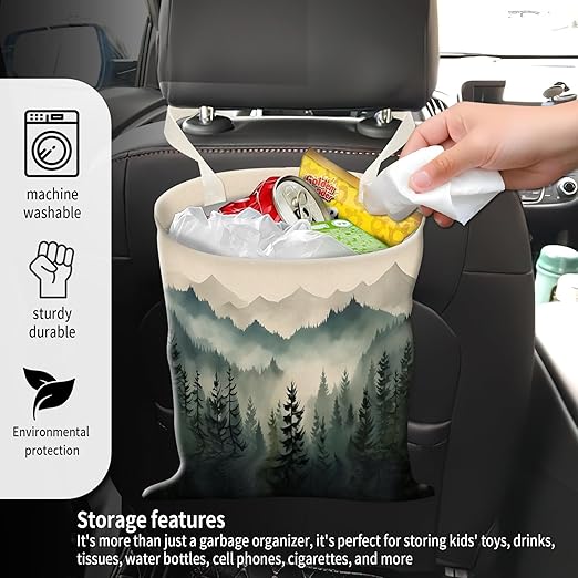 Car Garbage Can, Seat Back Hanging Cute Car Trash Can Bag, Car Organizer and Storage Bag for Travelling, Outdoor Cute Green Misty Forest