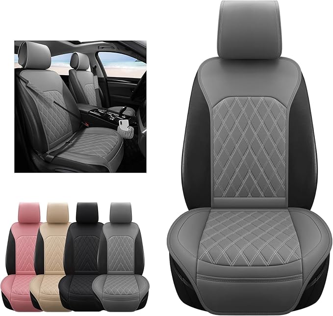Sanwom Front Car Seat Covers - Leather Seat Covers with Storage Pocket and Two Belt Pads, Anti-Slip Waterproof Universal Seat