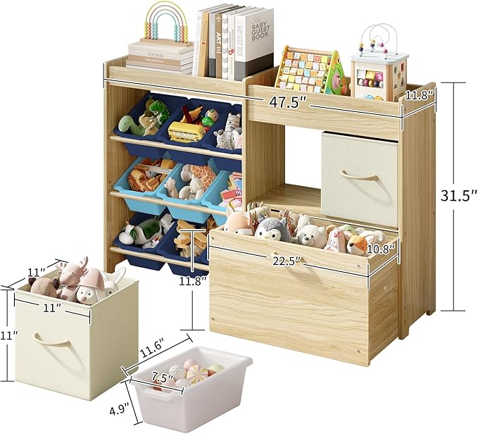 EXPERLAM Toy Storage Organizer for Kids, 9-Bin Toy Organizer with 2-Drawers,Movable Toy Chest and Top Rack, Kids Bookshelf an