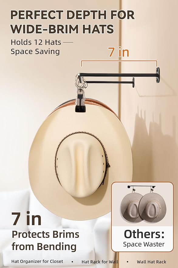 Cowboy Hat Rack for Wall Cowboy Hats Hook with 12 Clips Metal Cowboy Hat Hanger for Bucket Baseball Caps Sunhat Winter Beanie
